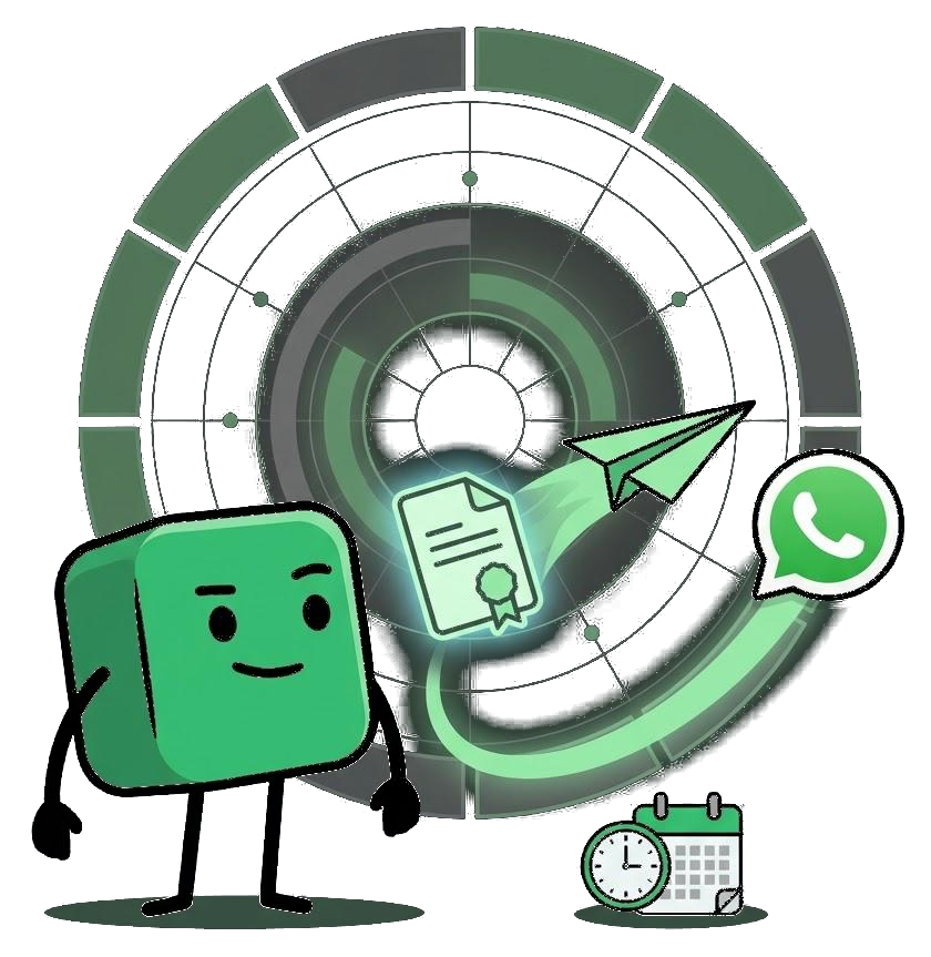 Mascote do Cubis.Hub enviando a guia de parcelamento pelo WhatsApp
